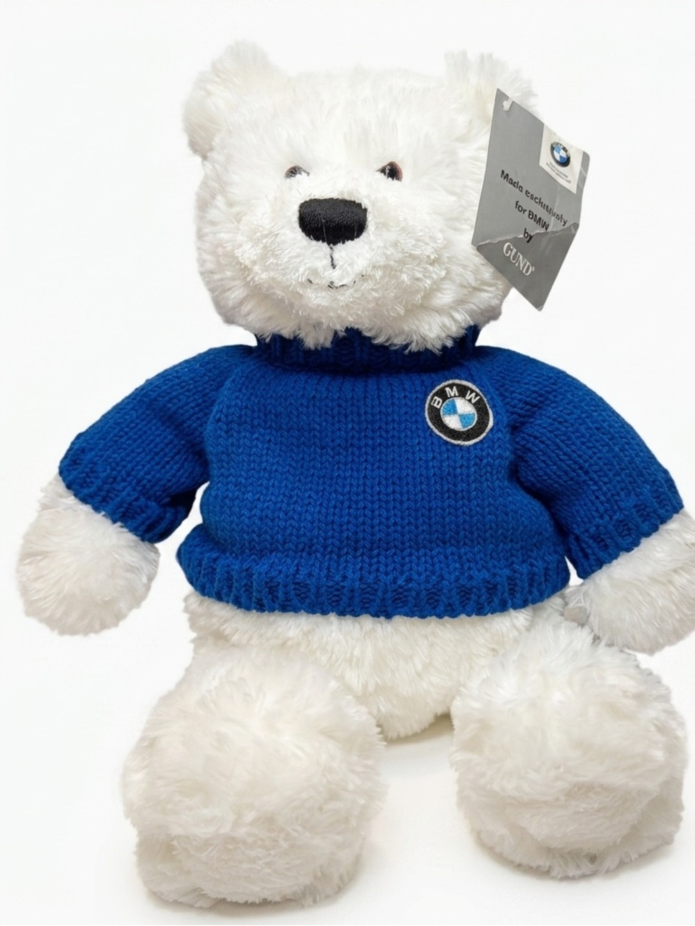BMW White Teddy Bear Plush Stuffy by Gund Blue Knit Logo Sweater 14" Bent Tag